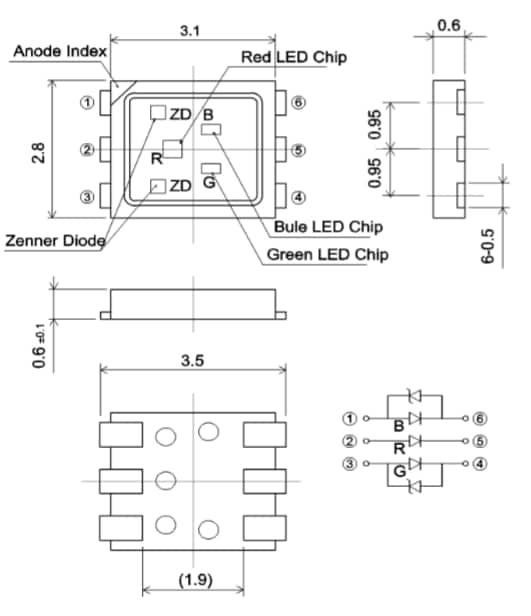 Mechanical Drawing - ROHM Semiconductor SMLVN6RGB High Brightness Tri-Color LEDs